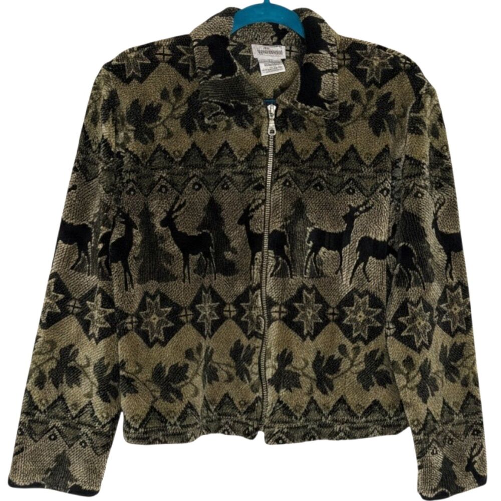 Willi Smith Collection Fleece Jacket Deer Tree Geometric Black Beige XL